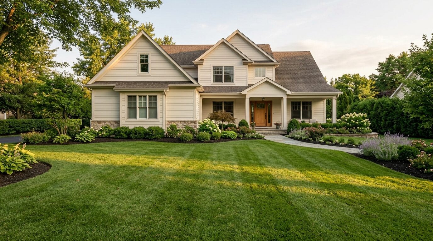 Illustration of a house with a neatly mowed green lawn in front